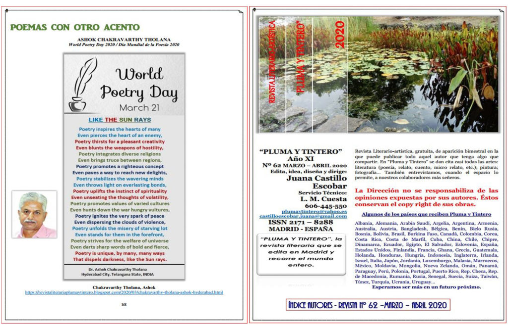 Poem for WORLD POETRY DAY was published in the Bi-monthly Magazine in SPAIN - the months of March – April, 2020